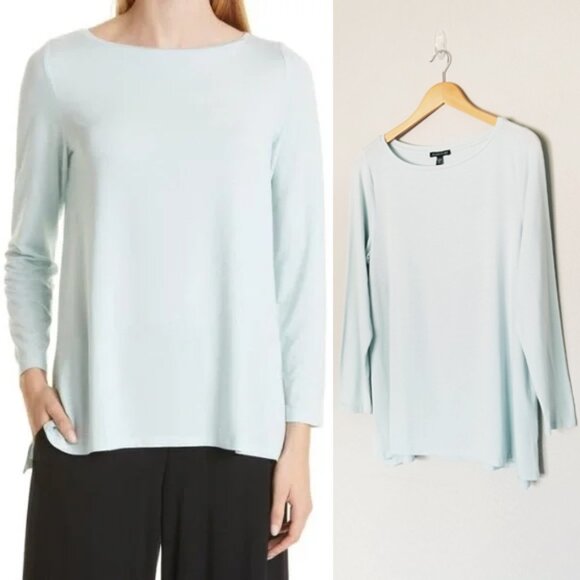 Eileen Fisher Bateau Neck Elbow Sleeve Top Clear Water S Tencel Lyocell $148 - Picture 1 of 14